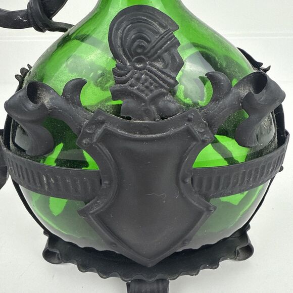 Vintage Metal Encased Wine Bottle w/ Iron Handle Green Glass Ornate With Cork - Picture 9 of 13